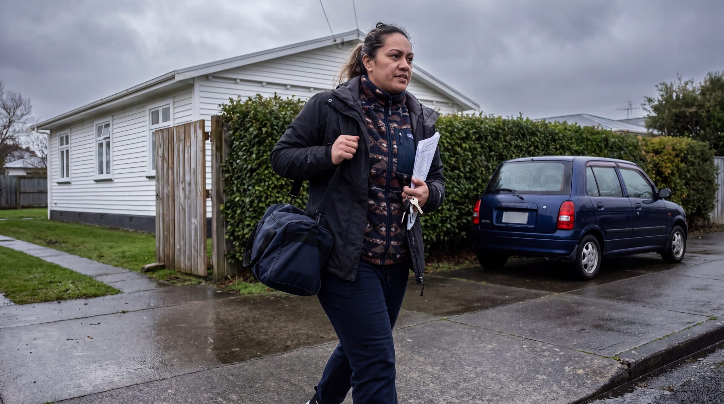 A community health worker walks from a home to her car on a wet street, a kit bag on her shoulder and visit notes and keys in her hand