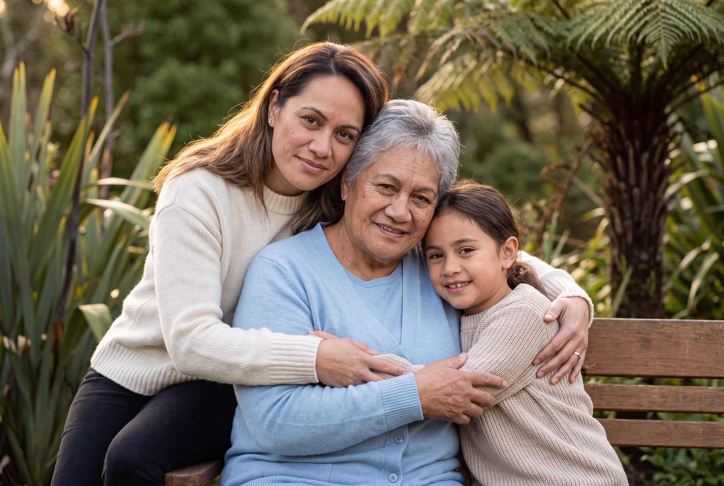A woman, her mother and her daughter sit close together on a garden bench, surrounded by flax and tree ferns