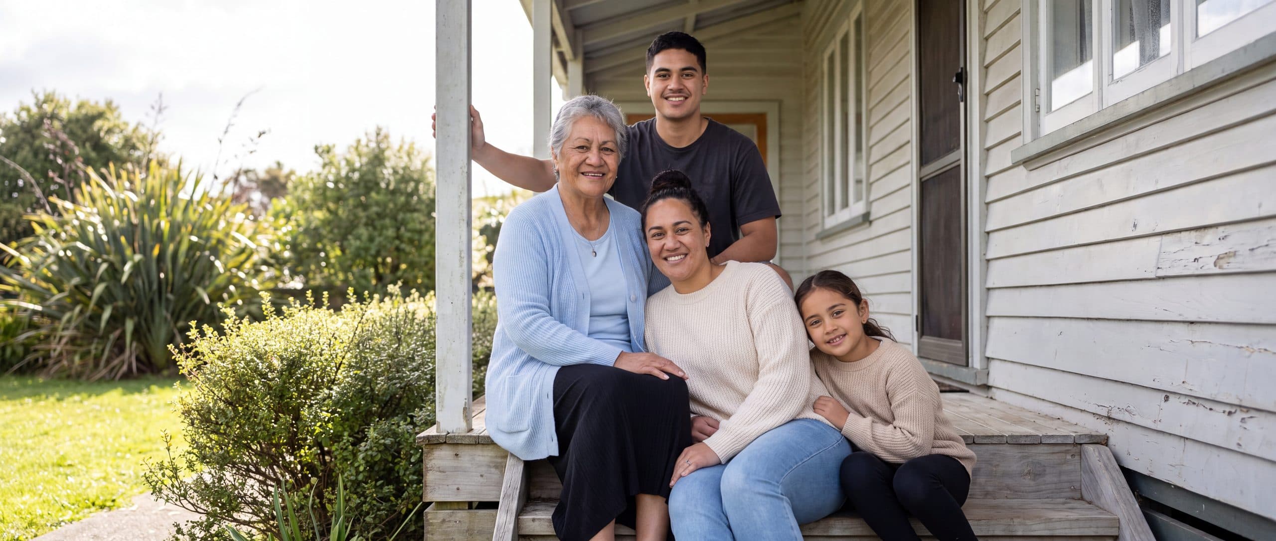 Four members of one family on the front steps of a weatherboard house — a grandmother, a young man, a mother and a young girl