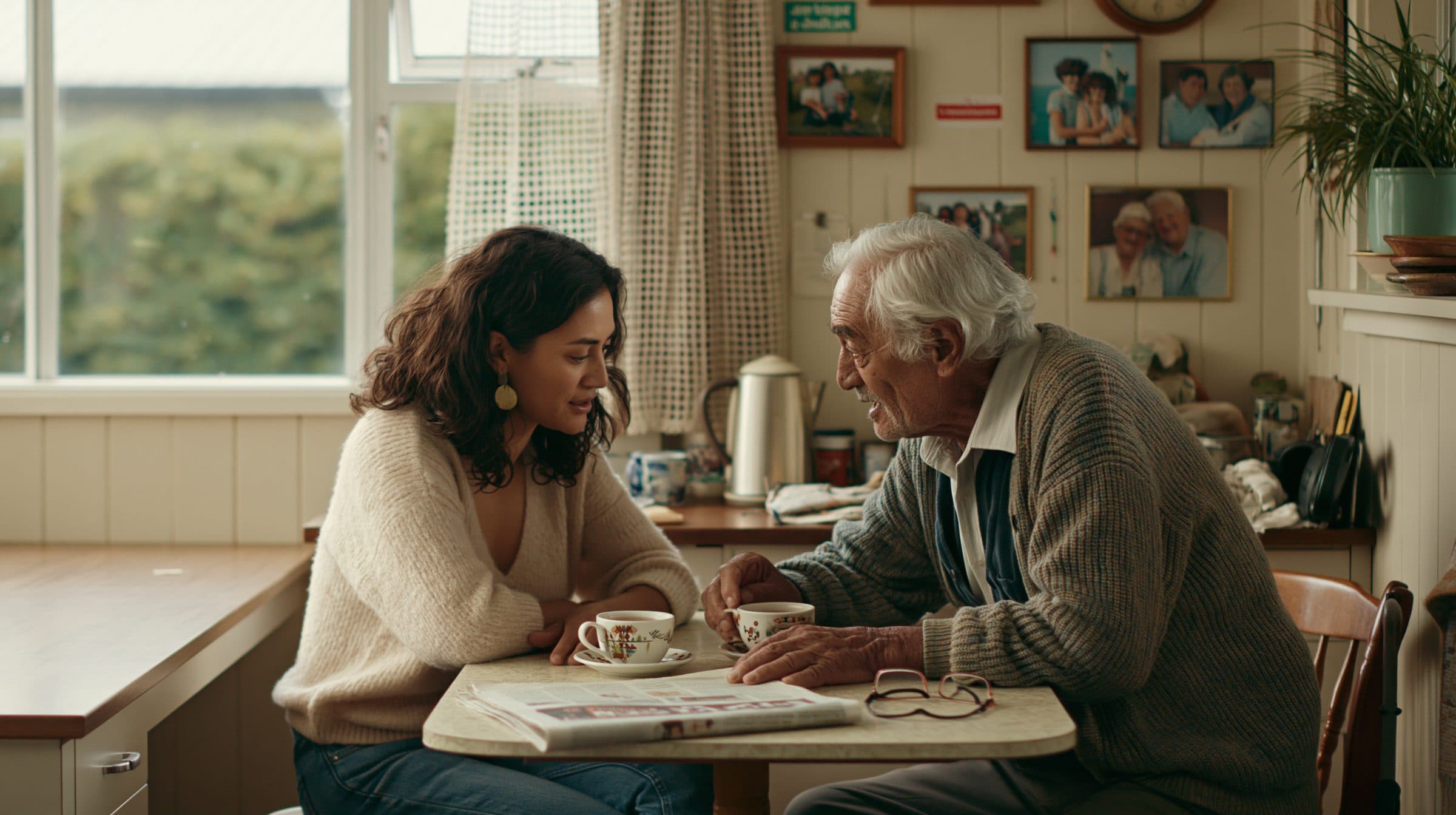 A woman and an older man talk over cups of tea at his kitchen table, family photographs on the wall behind them